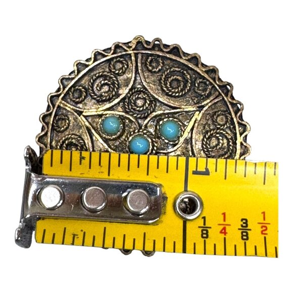 Vtg Sterling Silver Turquoise Filigree Brooch Pendant Southwestern Design 1.25" - Picture 4 of 5